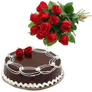 12 Red Roses Bunch with 1Kg Chocolate Cake
